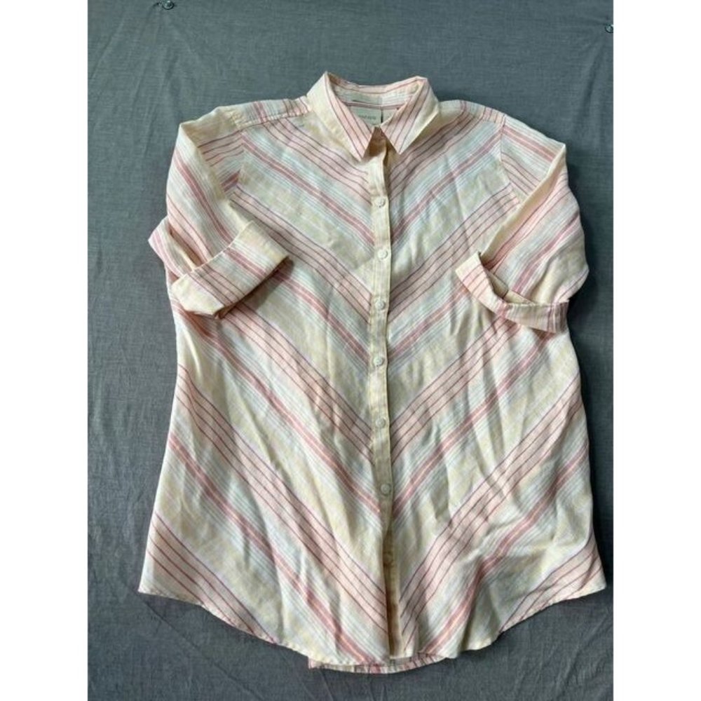 Chico´s Button Up Shirt Womens 1 Pink Striped Short Sleeve Casual‎ Ladies.